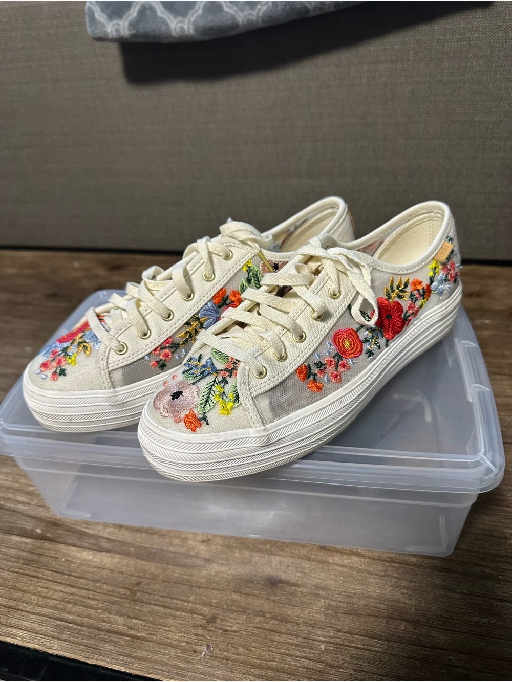 Keds Cream Canvas Lace-Up Sneakers with Multicolor Floral Embroidery
